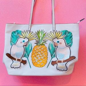 aldo white shoulder tote bag with tropical birds